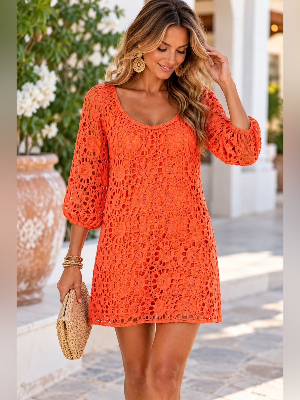 Trina Turk Orange Crochet Lace Mini Dress Size 2 Openwork Boho Statement